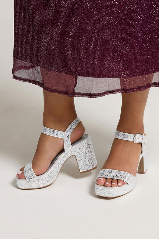 evans Yours Silver Diamante Platform Block Heels In Wide E Fit