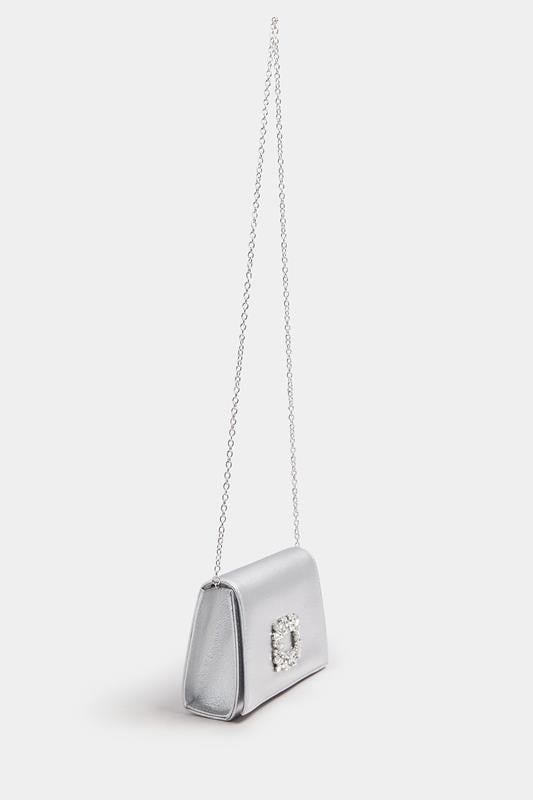 Evans Yours Silver Faux Leather Diamante Buckle Clutch Bag