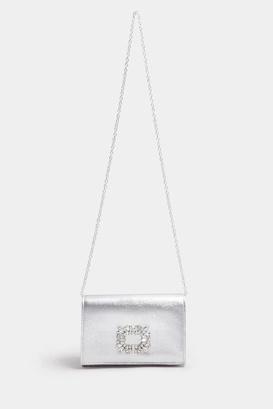 Evans Yours Silver Faux Leather Diamante Buckle Clutch Bag