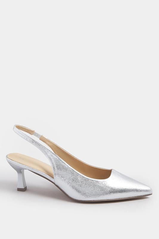 Evans Yours Silver Faux Leather Slingback Kitten Heels In Extra Wide EEE Fit