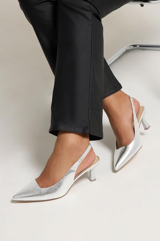 evans Yours Silver Faux Leather Slingback Kitten Heels In Extra Wide EEE Fit