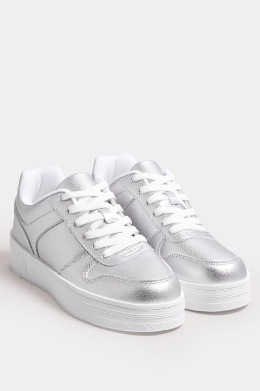 Evans Yours Silver Metallic Chunky Lace Up Trainers In Wide E Fit