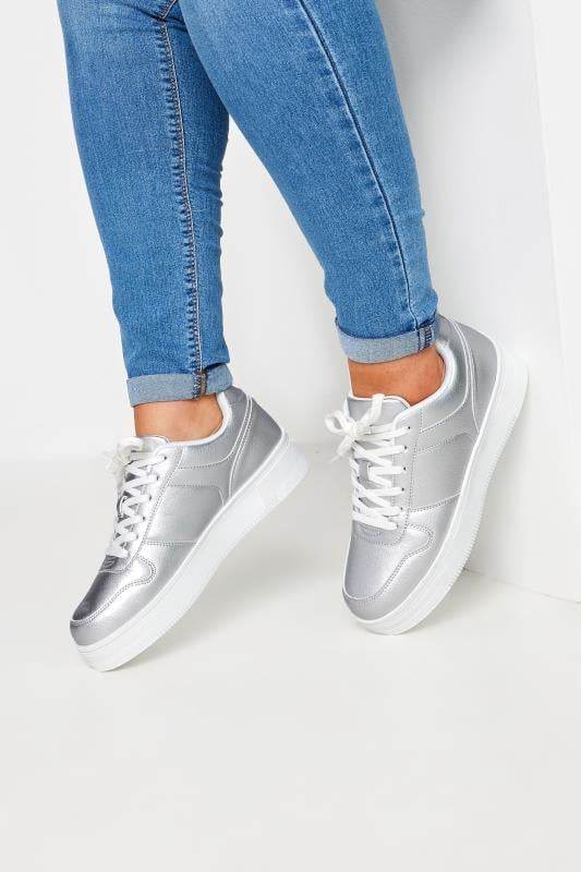 evans Yours Silver Metallic Chunky Lace Up Trainers In Wide E Fit