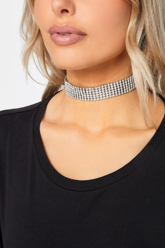 evans Yours Silver Stacked Diamante Choker Necklace
