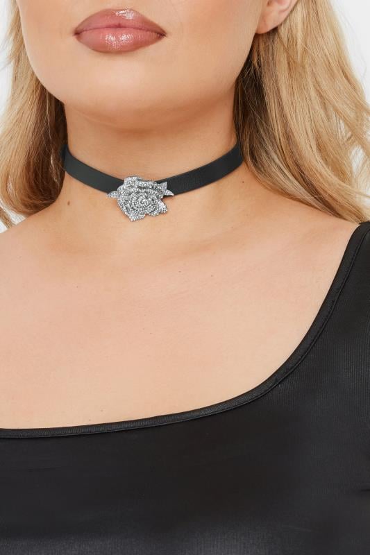 evans Yours Silver Tone Floral Diamante Choker Necklace