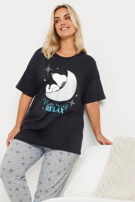 Evans Yours SNOOPY Curve Navy Blue 'Relax' Cuffed Pyjama Set