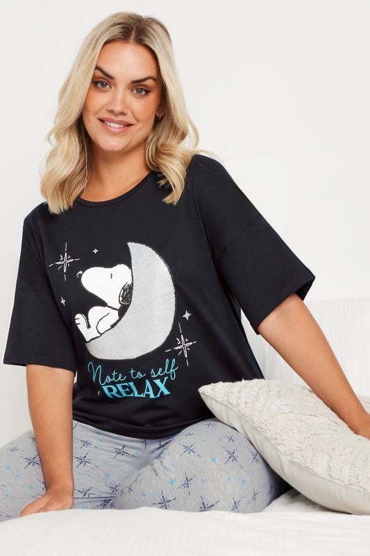 Evans Yours SNOOPY Curve Navy Blue 'Relax' Cuffed Pyjama Set