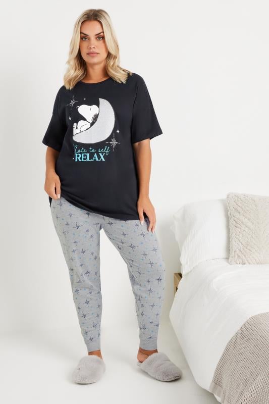 evans Yours SNOOPY Curve Navy Blue 'Relax' Cuffed Pyjama Set