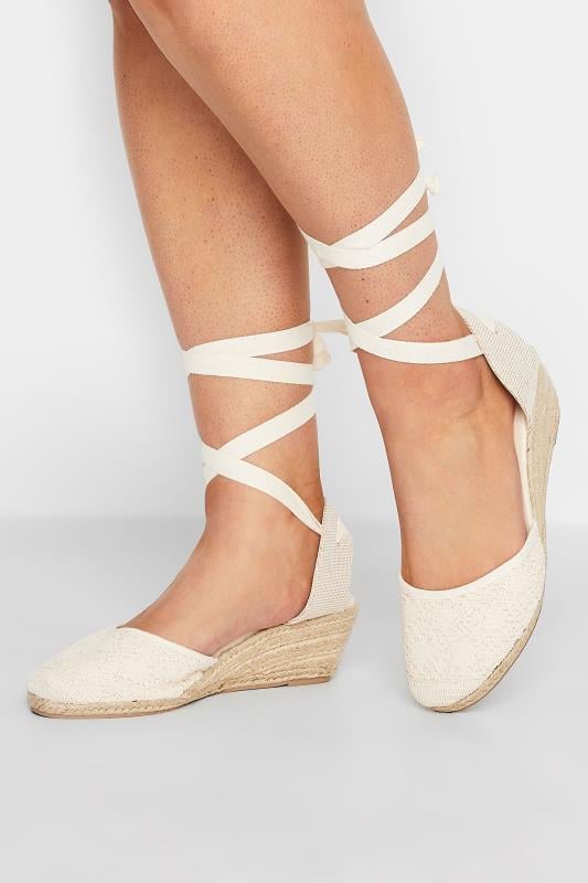 evans Yours White Crochet Lace Up Espadrille Wedges In Wide E Fit & Extra Wide EEE Fit
