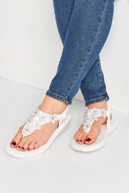 evans Yours White Diamante Flower Sandals In Wide E Fit & Extra Wide EEE Fit