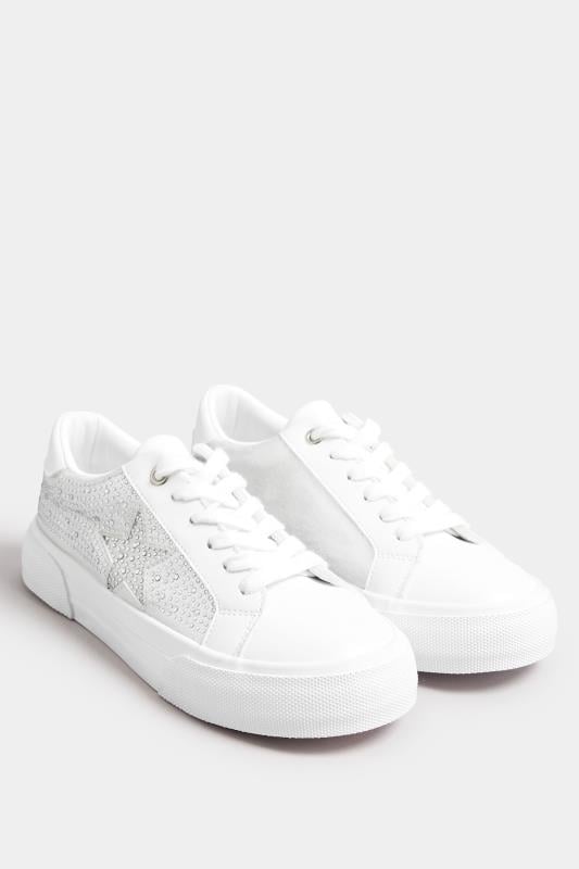 Evans Yours White Diamante Star Trainers In Extra Wide EEE Fit