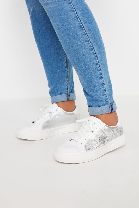 evans Yours White Diamante Star Trainers In Extra Wide EEE Fit