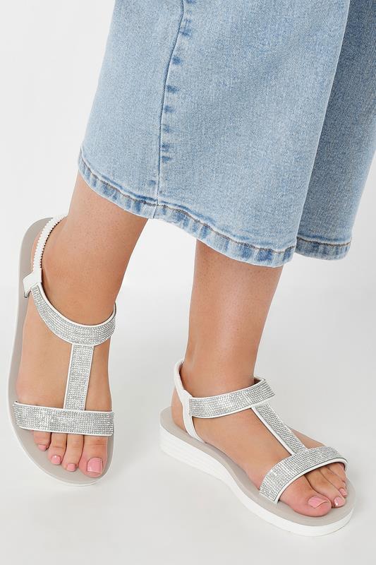 evans Yours White Diamante Strap T-Bar Sandals In Wide E Fit