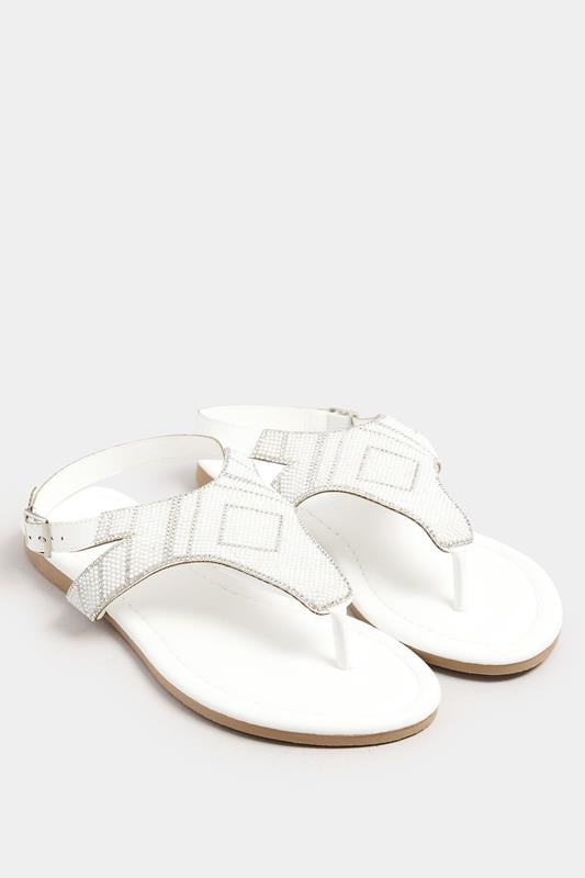 Evans Yours White Embellished T-Bar Sandals In Wide E & Extra Wide EEE Fit