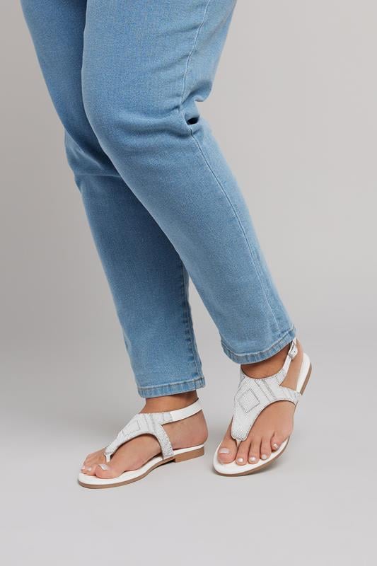 evans Yours White Embellished T-Bar Sandals In Wide E & Extra Wide EEE Fit