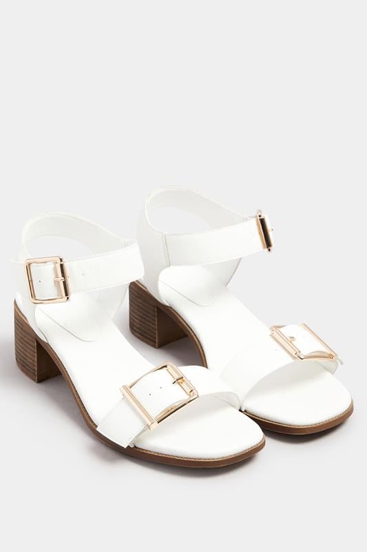 Evans Yours White Faux Leather Buckle Block Heel Sandals In Wide E & Extra Wide EEE Fit