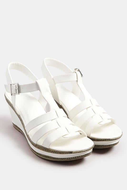 Evans Yours White Faux Leather T-Bar Wedge Sandals In Wide E Fit & Extra Wide EEE Fit