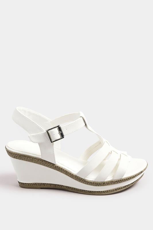 Evans Yours White Faux Leather T-Bar Wedge Sandals In Wide E Fit & Extra Wide EEE Fit
