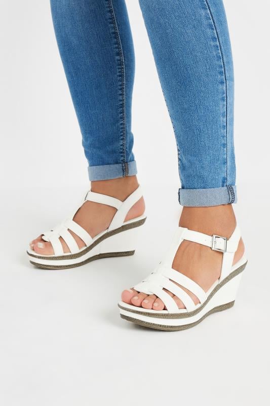 evans Yours White Faux Leather T-Bar Wedge Sandals In Wide E Fit & Extra Wide EEE Fit