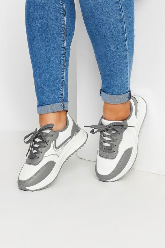 evans Yours White & Grey Contrast Chunky Trainers In Wide E Fit