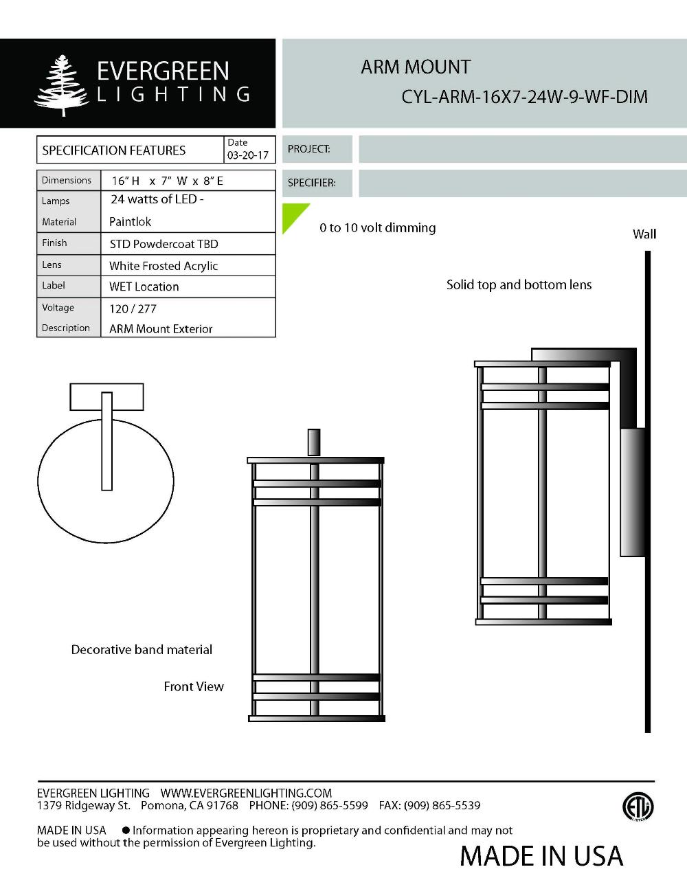 evergreen lights 84-CYL-ARM-16X7-24W Outdoor Custom Wall