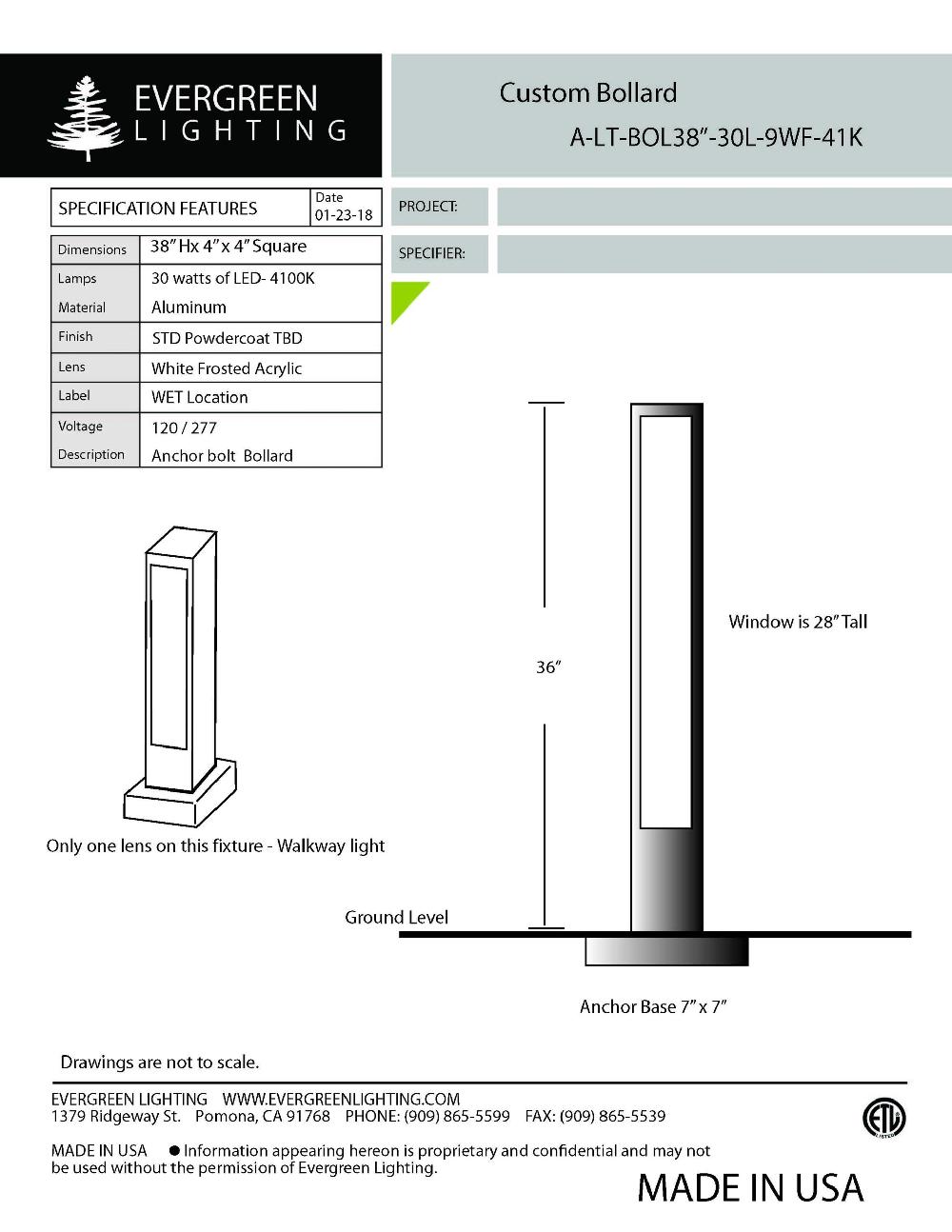 evergreen lights A-LT-BOL38-30L-9WF-41K Outdoor Custom Outdoor Custom Bollard