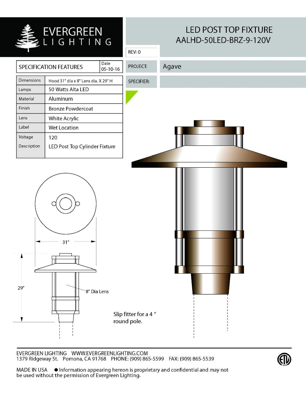 evergreen lights AALHD-50LED-BRZ-9-120V Outdoor Custom Post Top