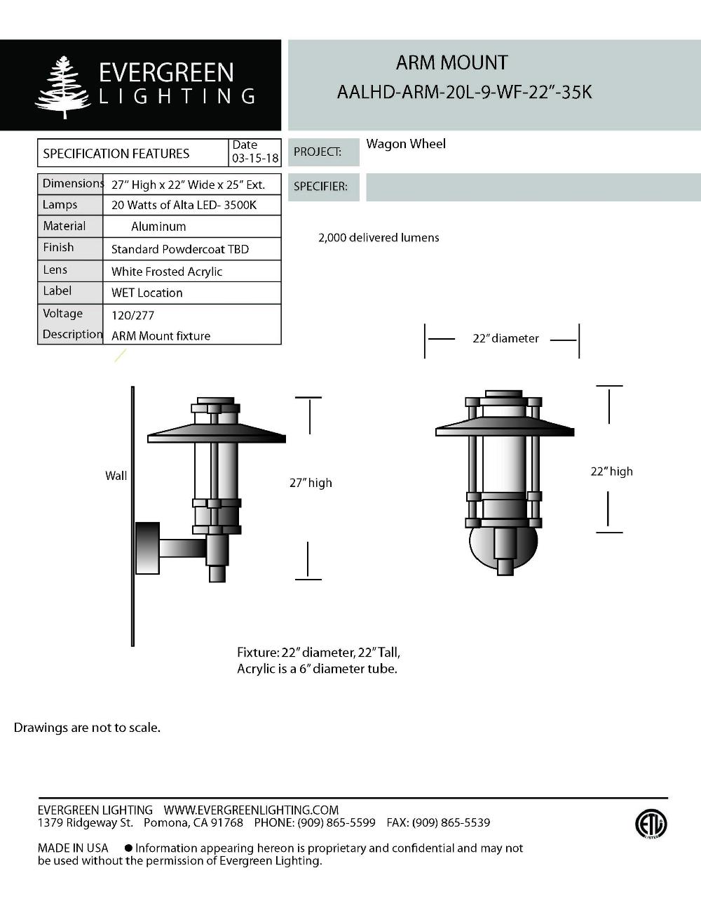 evergreen lights AALHD-ARM-20L-9-WF-35K Outdoor Custom Wall