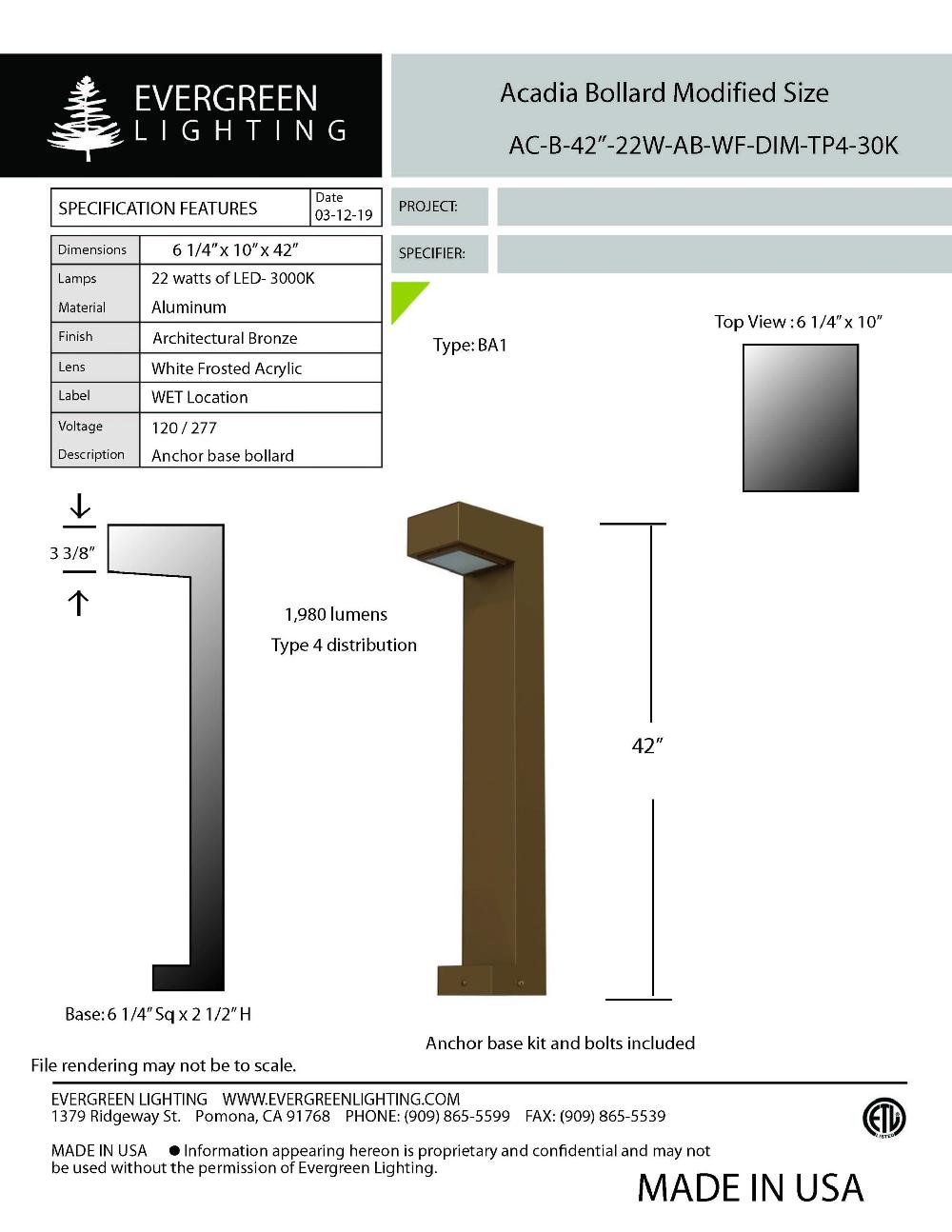 evergreen lights AC-B-42-22W-TP4 Outdoor Custom Outdoor Custom Bollard