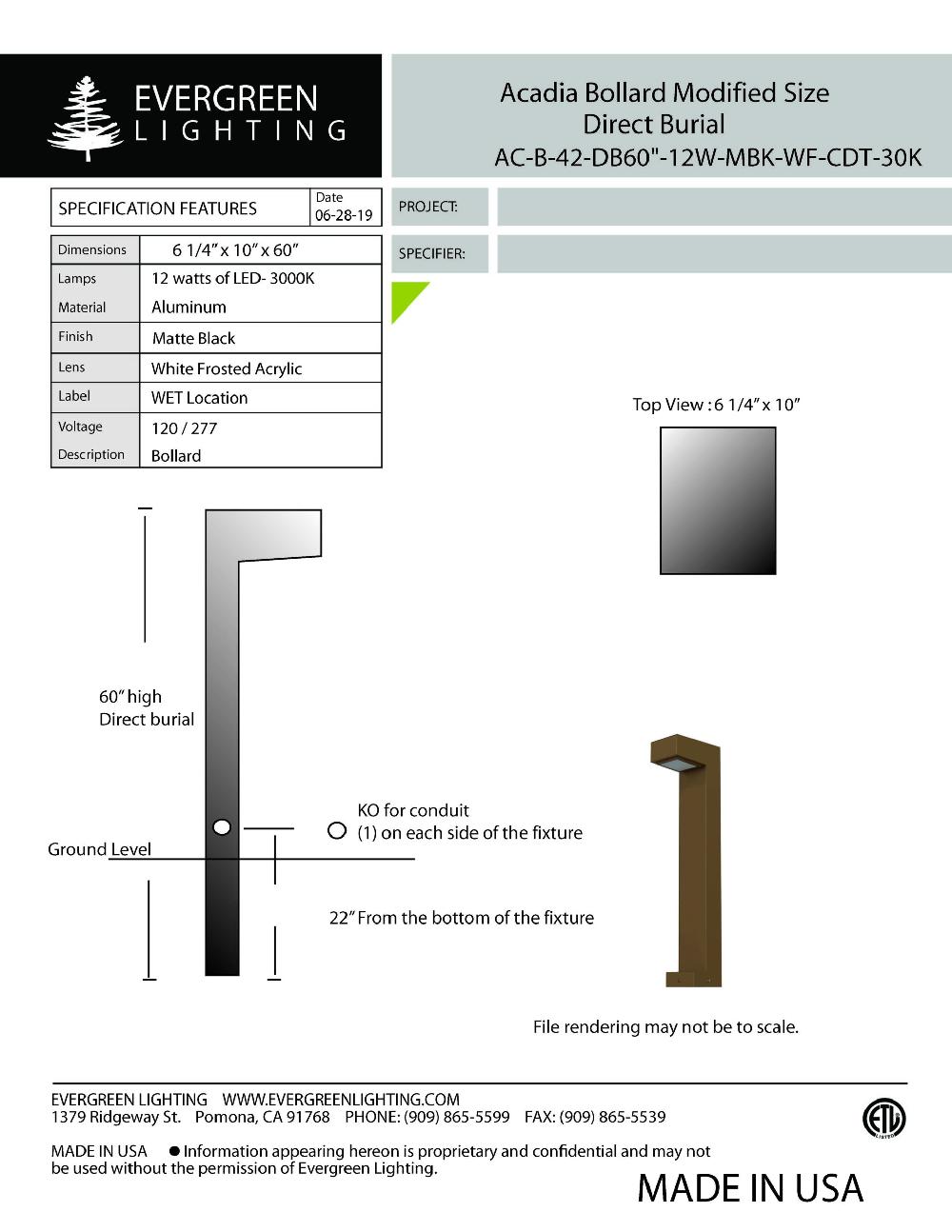 evergreen lights AC-B-DB60-12W Outdoor Custom Outdoor Custom Bollard