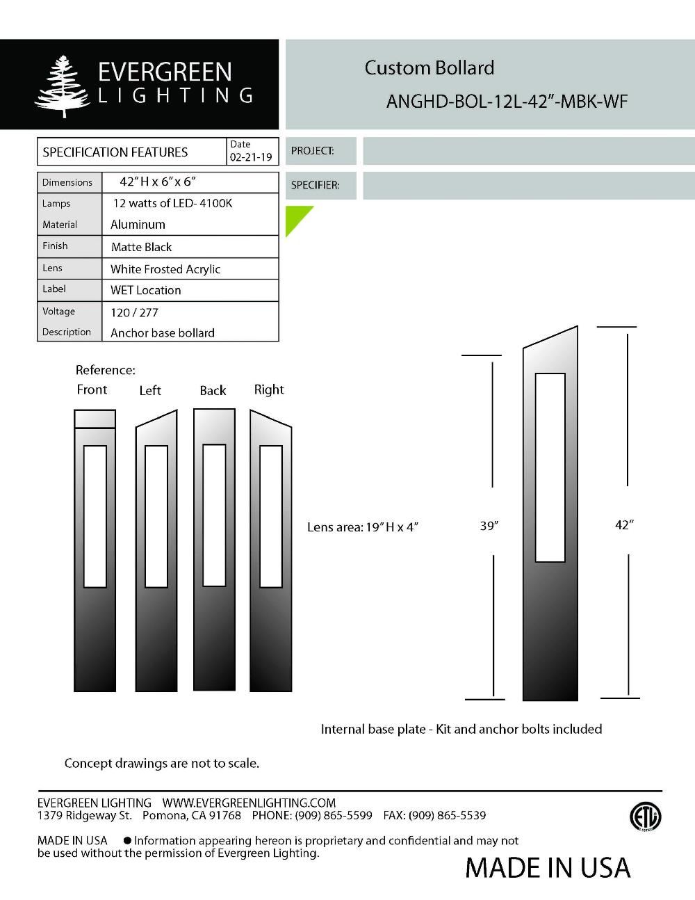evergreen lights ANGHD-BOL-12L-42 Outdoor Custom Outdoor Custom Bollard