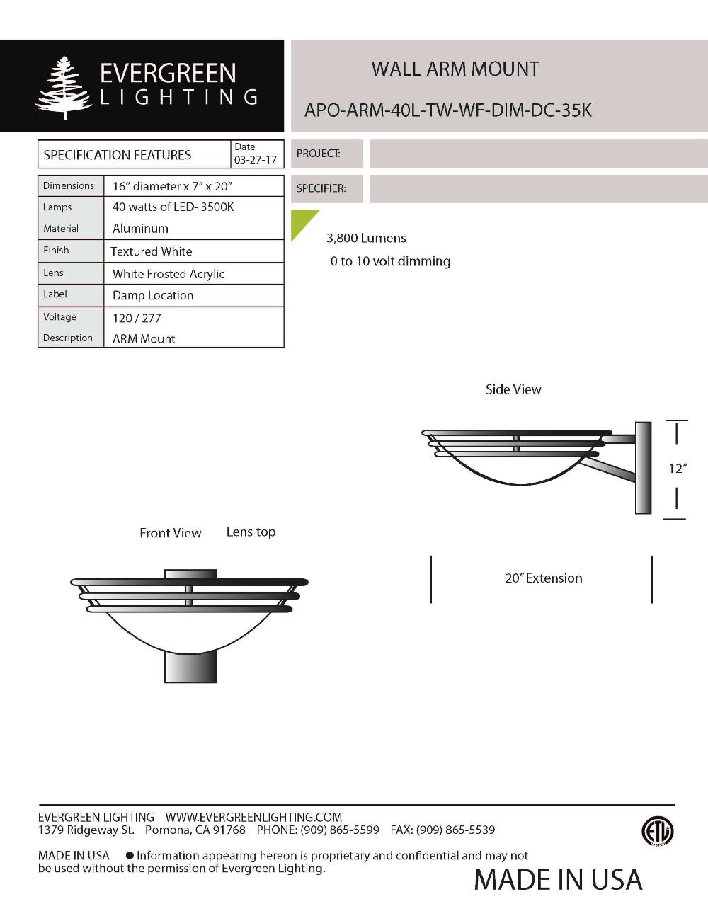 evergreen lights APO-ARM-40L-TW-WF Indoor Indoor Custom Wall