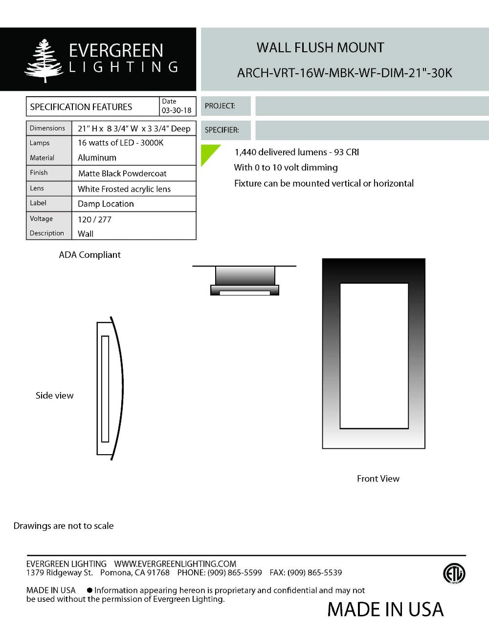 evergreen lights ARCH-VRT-16W-MBK-WF-DIM-21 Outdoor Custom Wall