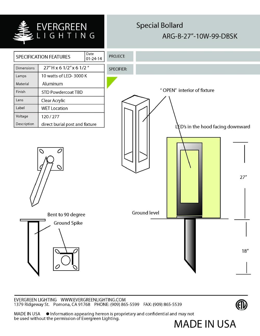 evergreen lights ARG-B-27-10W-99-DBSK Outdoor Custom Outdoor Custom Bollard