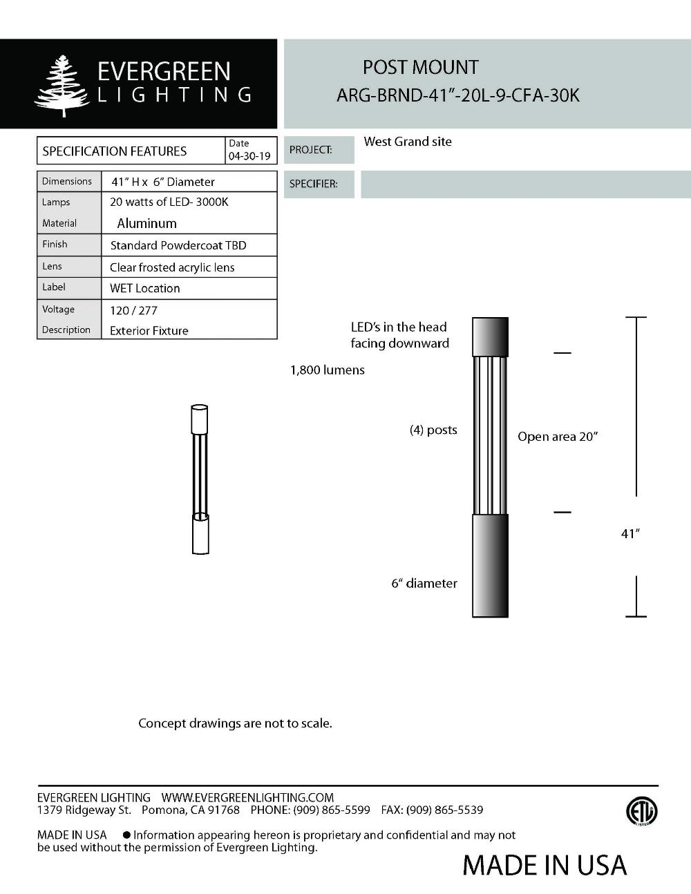 evergreen lights ARG-BRND-41-20L Outdoor Custom Outdoor Custom Bollard