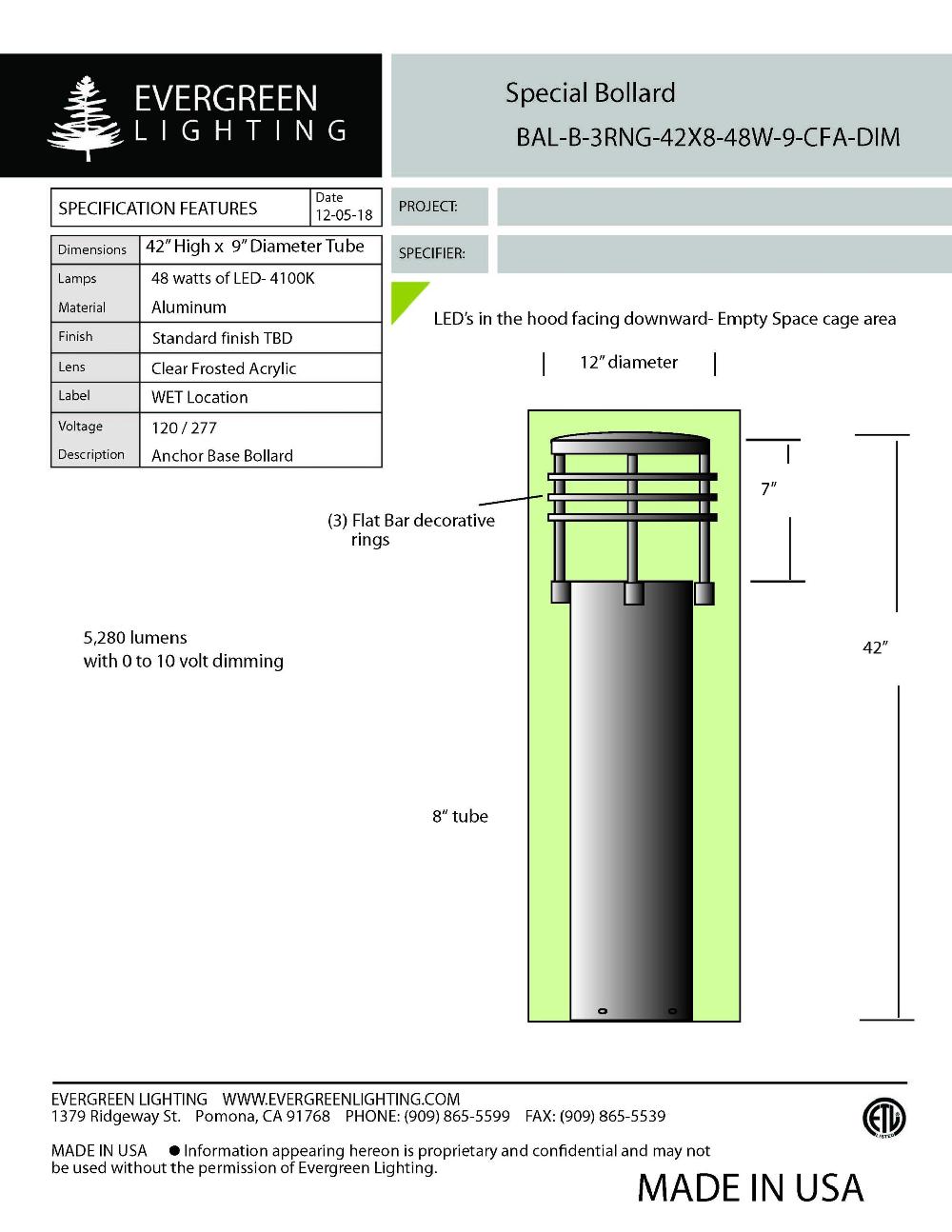 evergreen lights BAL-B-3RNG-42X8 Outdoor Custom Outdoor Custom Bollard