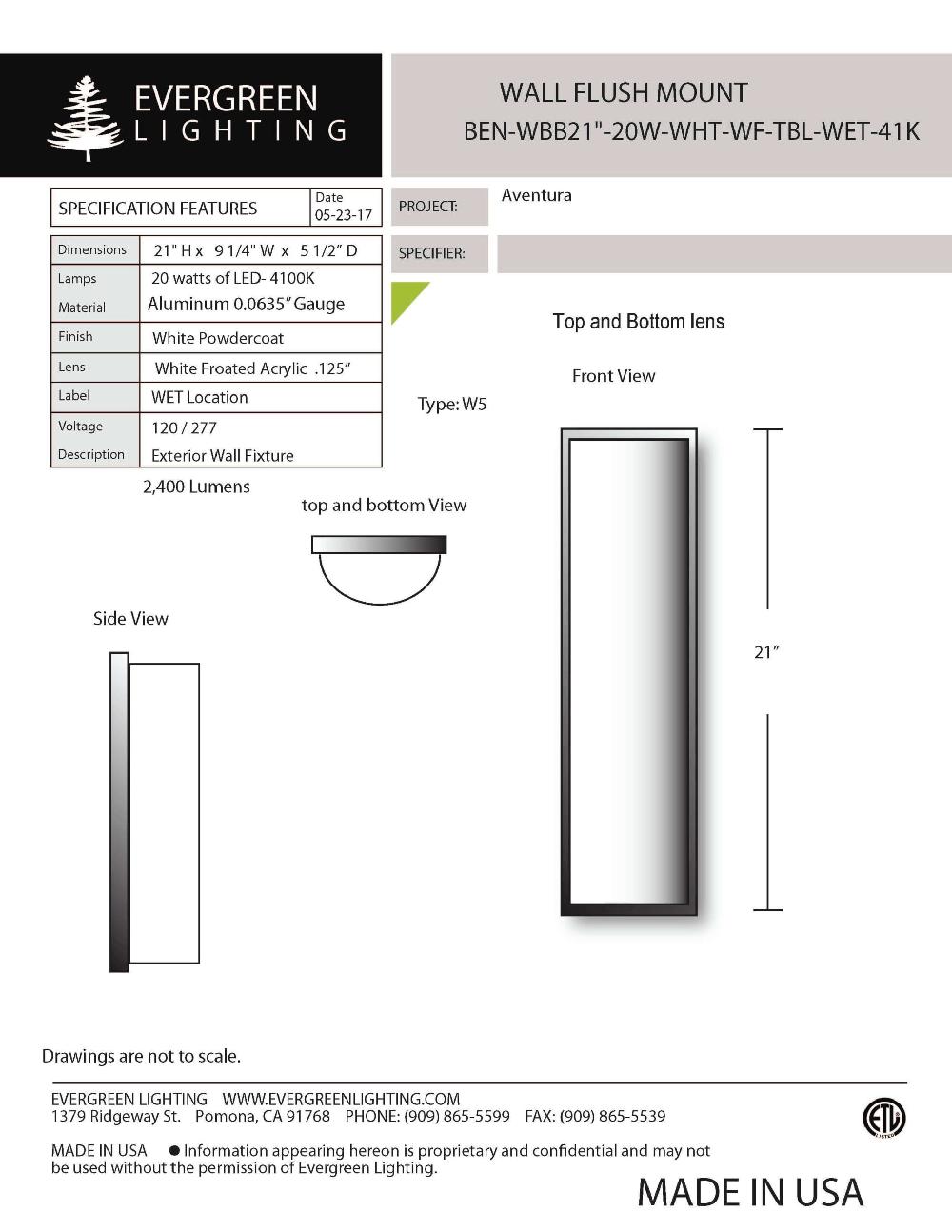 evergreen lights BEN-WBB21-20W-WHT-WF-TBL Indoor Indoor Custom Wall