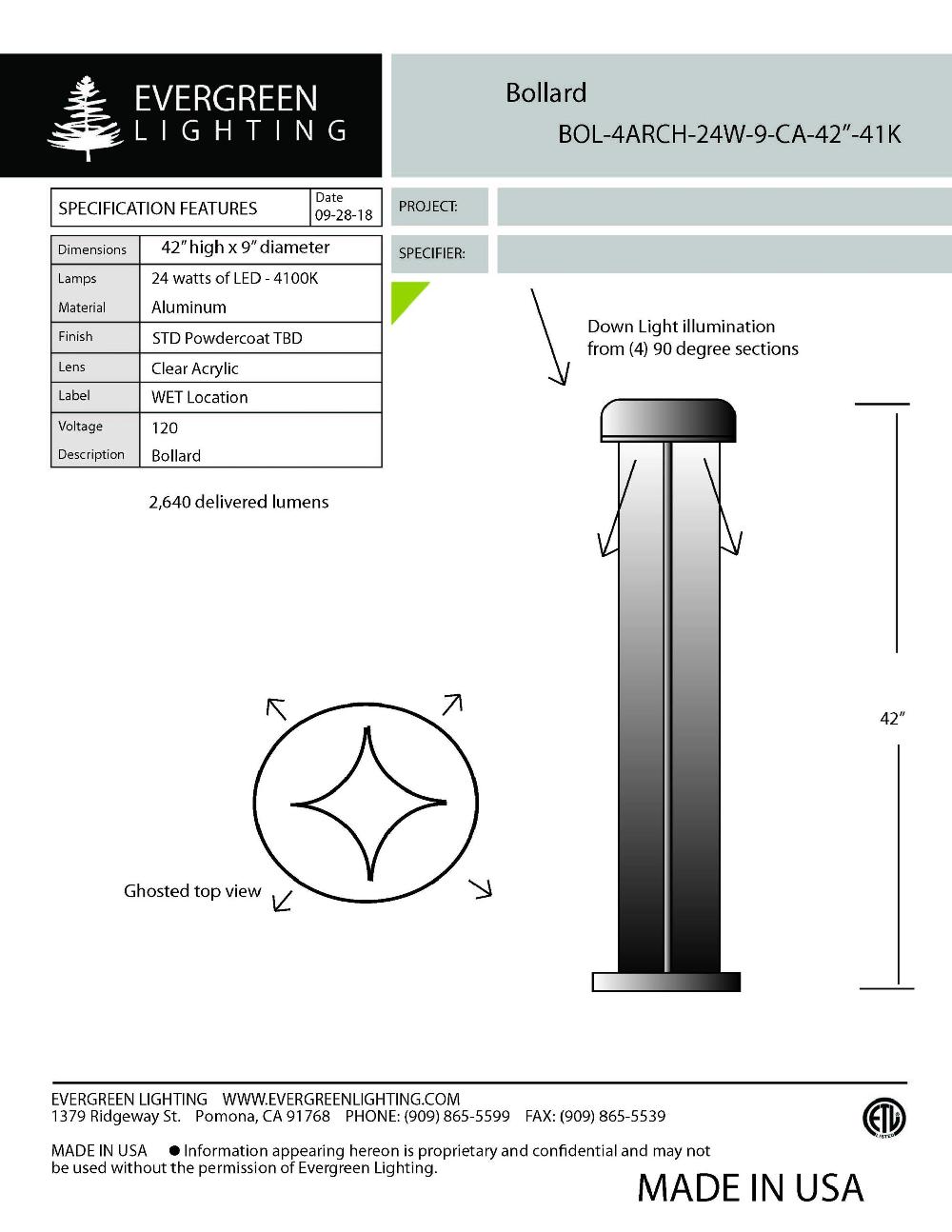 evergreen lights BOL-4ARCH-24W-9-CA-42-41K Outdoor Custom Outdoor Custom Bollard
