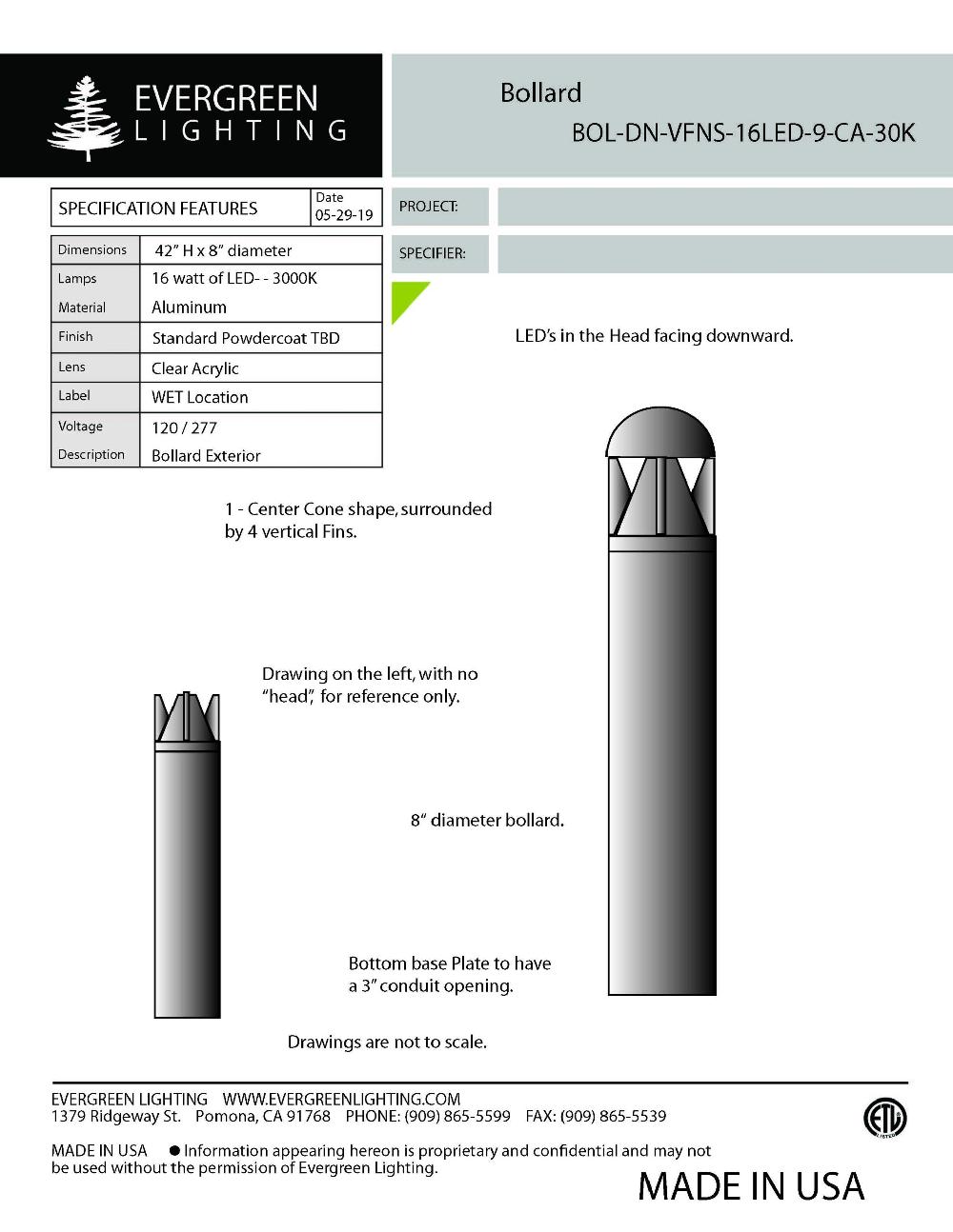 evergreen lights BOL-DN-VFNS-16LED-9-CA-30K Outdoor Custom Outdoor Custom Bollard