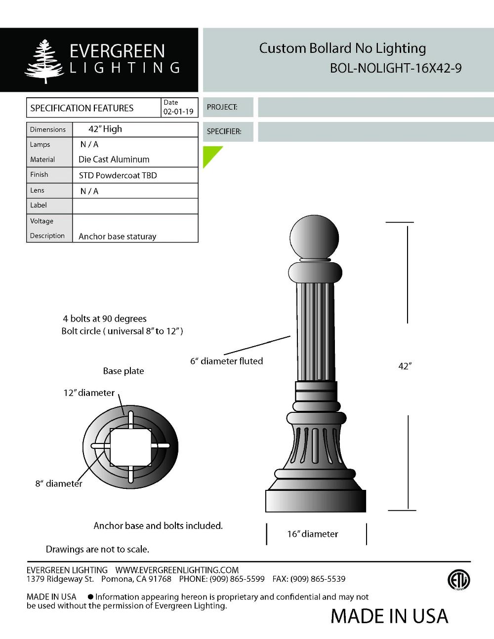 evergreen lights BOL-NOLIGHT-16 Outdoor Custom Outdoor Custom Bollard