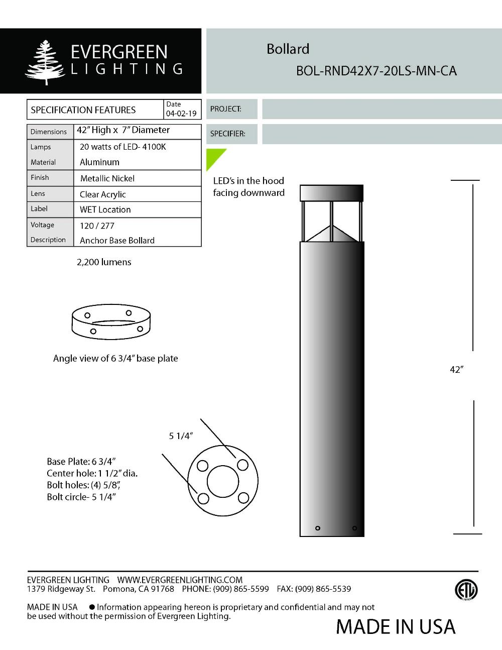 evergreen lights BOL-RND42X7-20LS Outdoor Custom Outdoor Custom Bollard