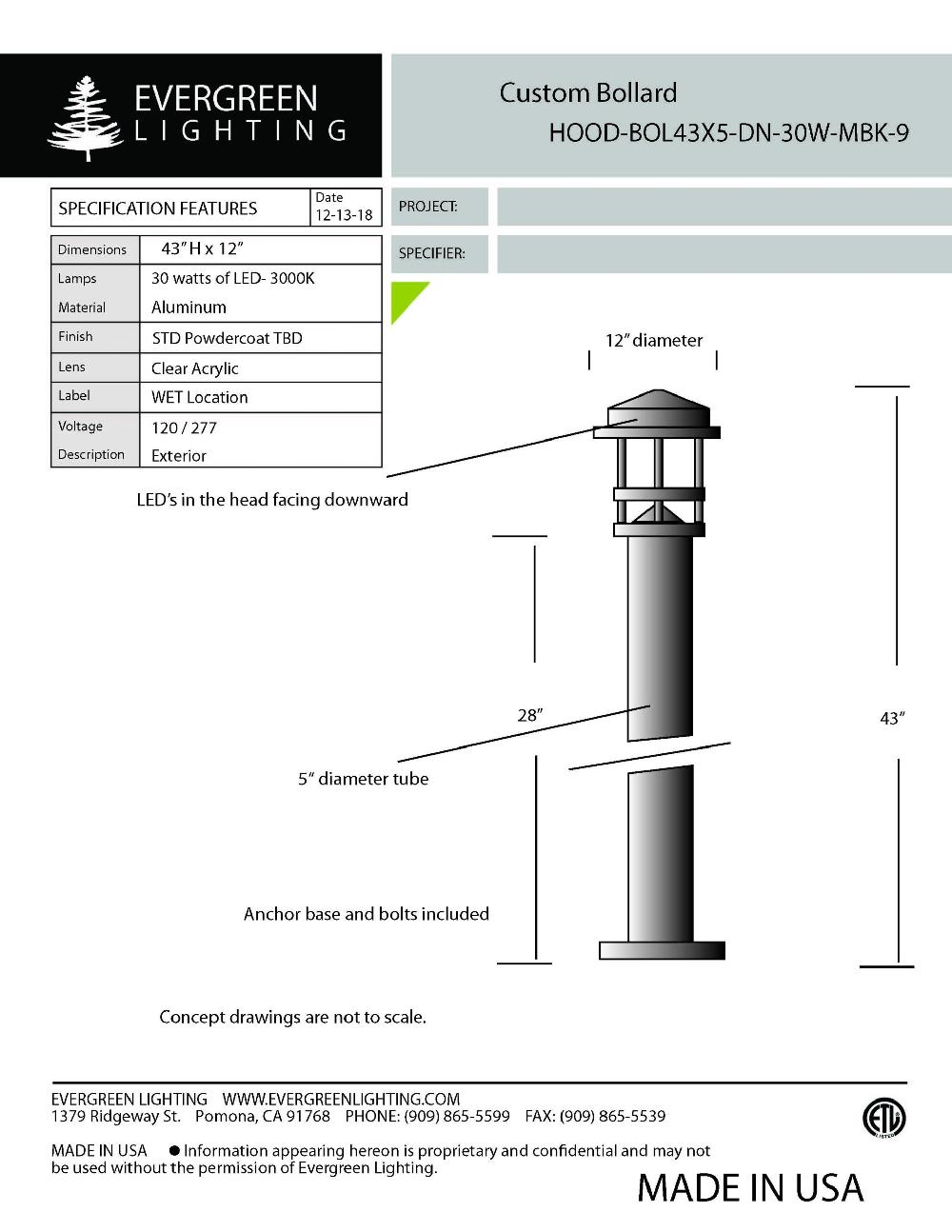 evergreen lights BOL43X5-HOOD Outdoor Custom Outdoor Custom Bollard