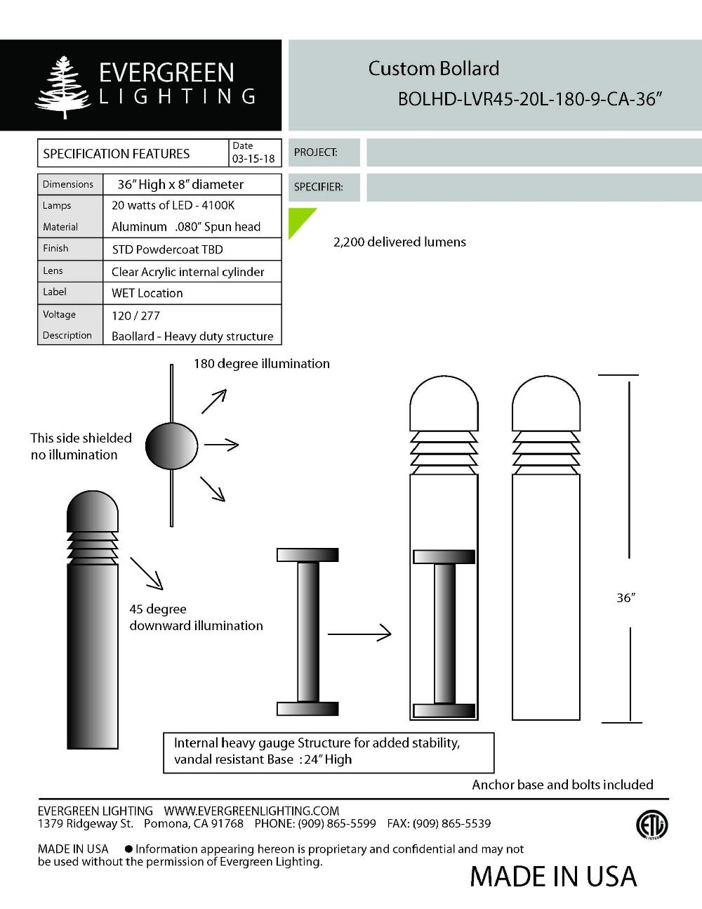 evergreen lights BOLHD-LVR45-20L-180-9-CA-36 Outdoor Custom Outdoor Custom Bollard