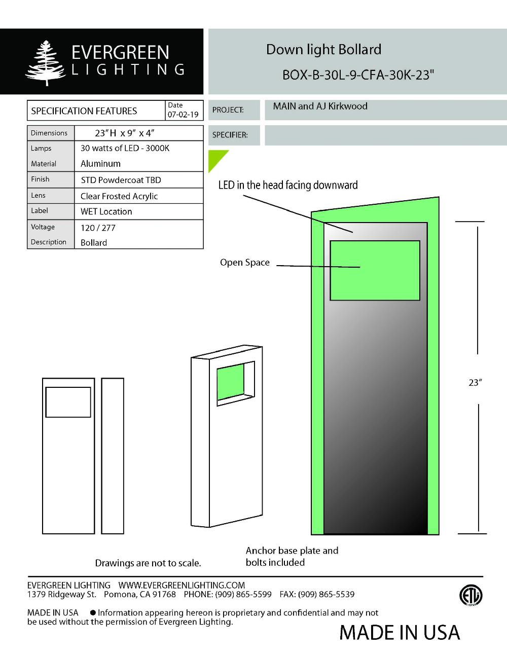 evergreen lights BOX-B-30L-9-CFA-30K-23 Outdoor Custom Outdoor Custom Bollard
