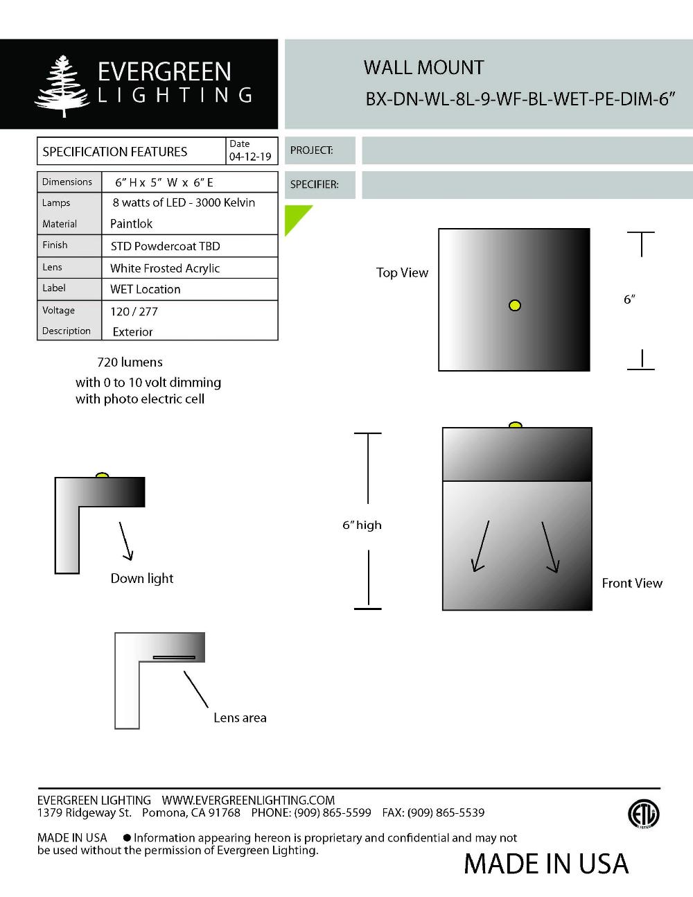 evergreen lights BX-DN-WL-8L-9-WF-BL-WET-PE Outdoor Custom Wall