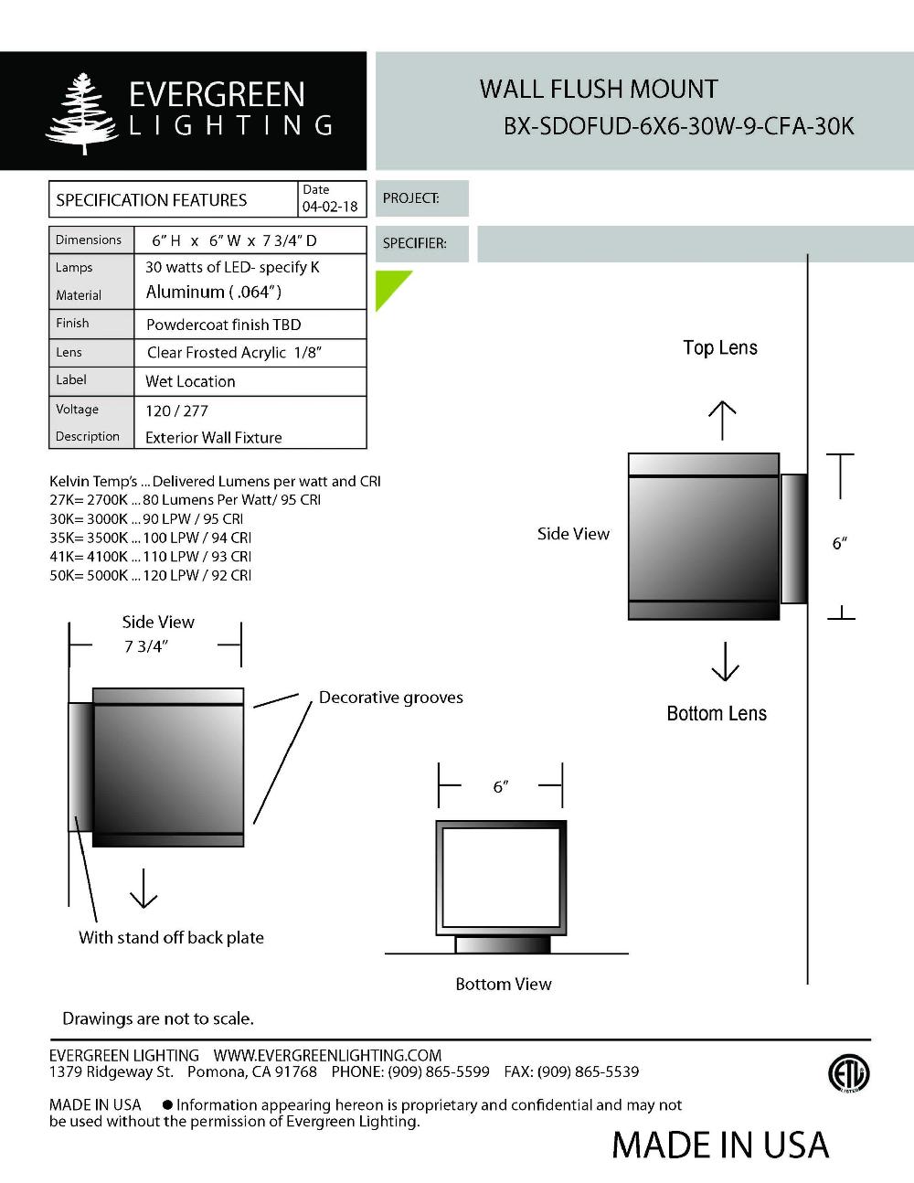 evergreen lights BX-SDOFUD-6X6-30W-9-CFA Outdoor Custom Wall