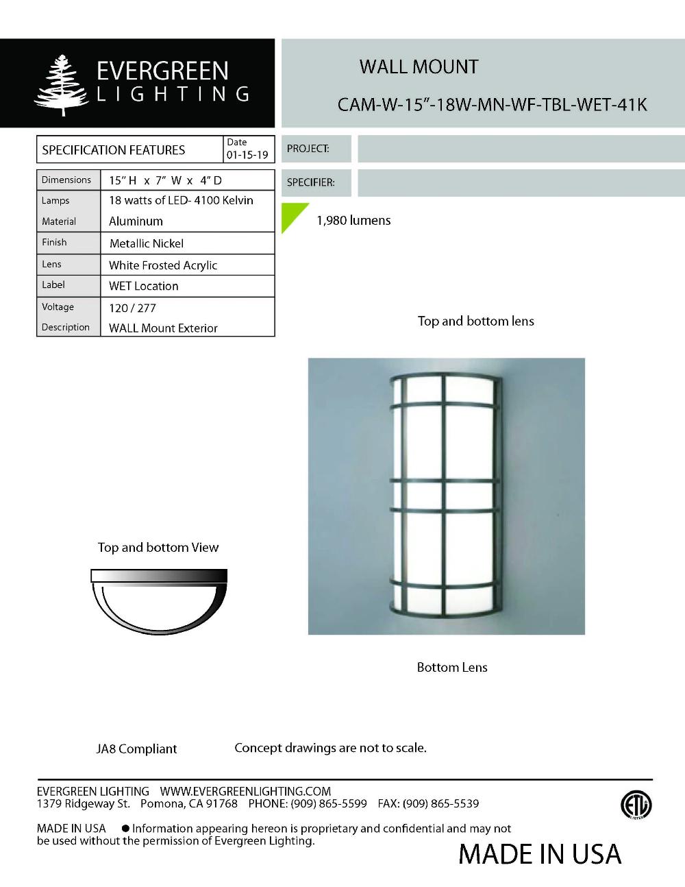 evergreen lights CAM-W-15-18W-MN-WF-TLBL Outdoor Custom Wall