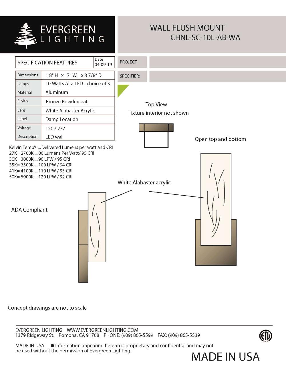 evergreen lights CHNL-SC-10L-AB-WA-60BRZ Indoor Indoor Custom Wall