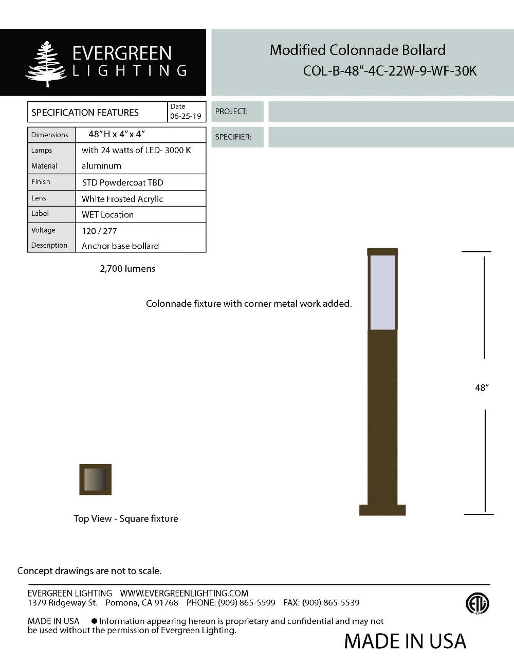 evergreen lights COL-B-48-4C-22W-9-WF-30K Outdoor Custom Outdoor Custom Bollard