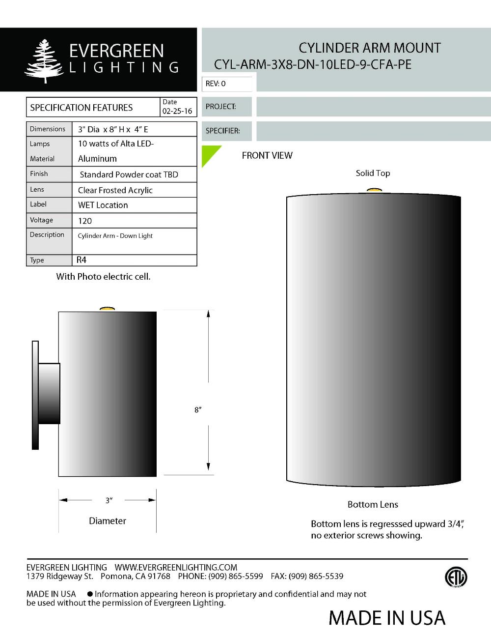 evergreen lights CYL-ARM-3X8-DN-10LED-PE Outdoor Custom Wall